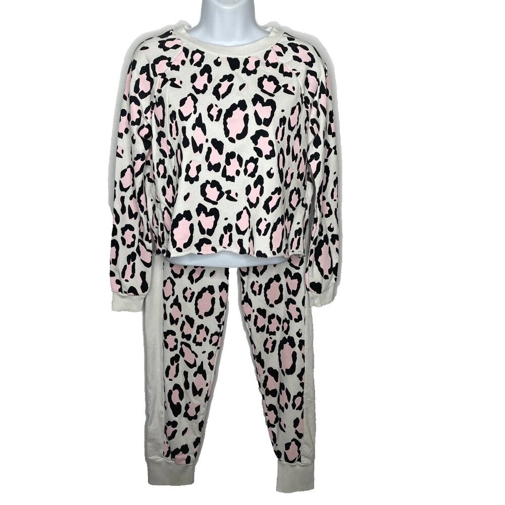 WildFox Crop Sweatshirt Jogger Pants Set Blush Leopard Clean White